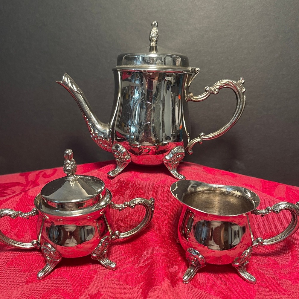 Vintage International Silver Tea Set Silver Plated Teapot Creamer Sugar Bowl